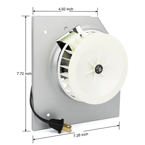 Replacement Bathroom Exhaust Fan Motor With Blower Wheel, 70 CFM, silver base, front view with dimensions displayed