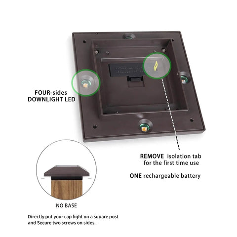 Installation guide for Solar Post Cap Lights For 4x4 Wood Posts with downlight LED, rechargeable battery, no wiring needed.