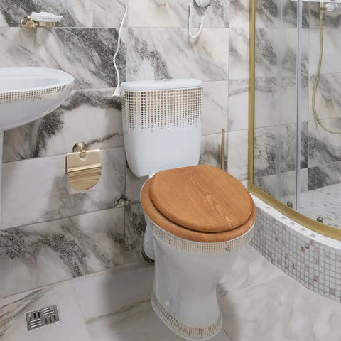 Round Wooden Toilet Seat With Metal Hinges Fits American Standard Toilets Easy To Install, Smooth Comfy Surface With Real Wood Veneer Finish