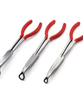 Nine Piece 11 Inch Long Reach Needle Nose Pliers Set For Tight Spots Bent Nose 45 Degree And 90 Degree Diagonal Pliers Electrician Craft Hobby Pliers With Non Slip PVC Dipped Handles And Pouch showing three 11-inch pliers with red handles in a row
