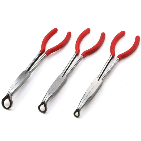 Nine Piece 11 Inch Long Reach Needle Nose Pliers Set For Tight Spots Bent Nose 45 Degree And 90 Degree Diagonal Pliers Electrician Craft Hobby Pliers With Non Slip PVC Dipped Handles And Pouch showing three 11-inch pliers with red handles in a row