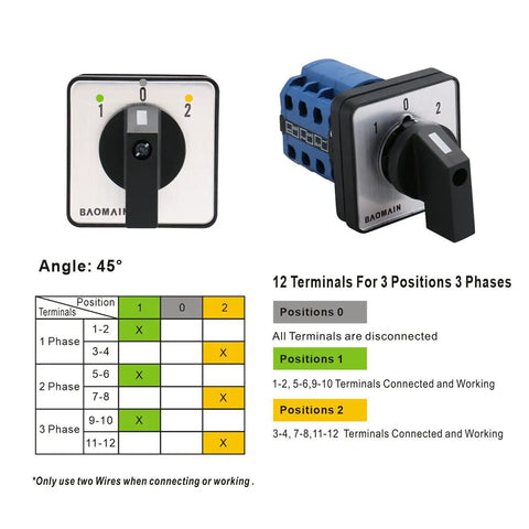 Heavy Duty 3-Position Changeover Switch For Motor Reversing And Generator Transfer, 12 Terminal, 20A 660V, wiring diagram.