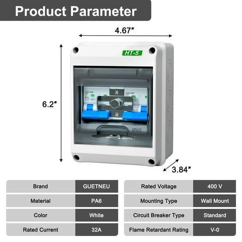Front view of 32 Amp Dual Power Manual Transfer Switch With IP65 Waterproof Box Includes Two Pole Circuit Breakers, Single Side Slide Lock