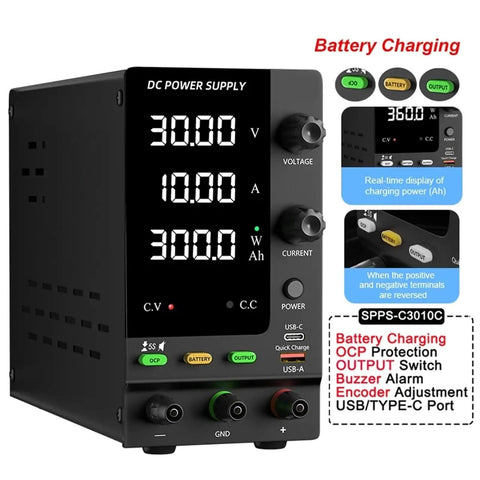 Adjustable 0 To 30V 0 To 10A DC Power Supply For Lab Use With Dual Display showing voltage and current settings