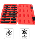 Heavy Duty Locking Lug Nut Master Set And Wheel Lock Key Extraction Tool Kit For Daily Drivers Bulletproof Anti Theft Security With 16 Badass Steel Socket Keys Garage Ready Setup to show 16 black lug nut sockets in a red organizer tray.