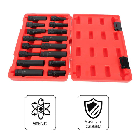 Heavy Duty Locking Lug Nut Master Set And Wheel Lock Key Extraction Tool Kit For Daily Drivers Bulletproof Anti Theft Security With 16 Badass Steel Socket Keys Garage Ready Setup to show 16 black lug nut sockets in a red organizer tray.