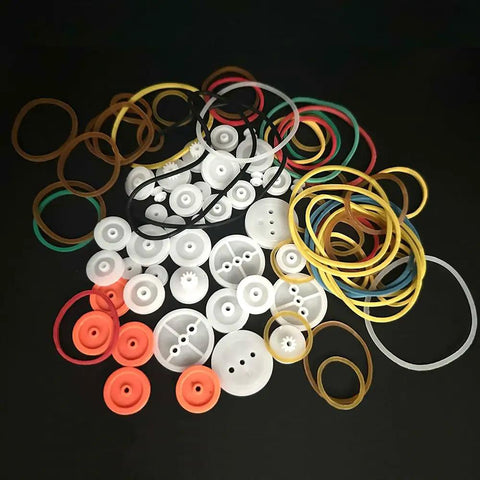 84 Piece Belt Pulley Set For 2mm Shafts With Rubber Bands Plastic Pulleys In Eight Sizes And Four Band Sizes DIY Model Kit