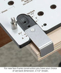 Close-up of Precision Shelf Pin Drilling Template Slides In Smooth For Dead On Accuracy on cabinet edge with adjustable set-back dimension.