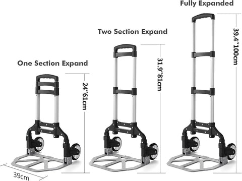 Diagram of folding telescoping hand truck with 24 to 39 inch handle expansion