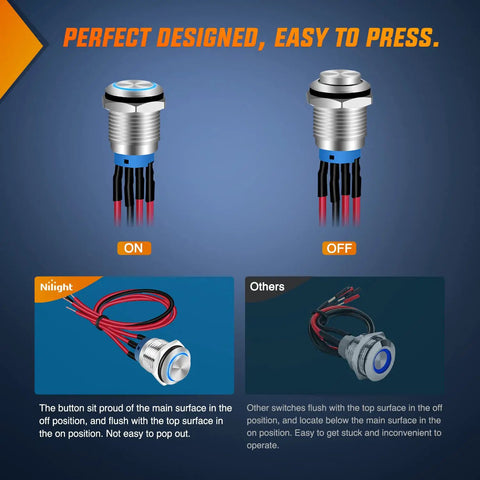12mm Push Button Switch Kit 5 Pack With Pre Wired Harness LED Latching Round SPDT 4 Pin Waterproof Stainless Steel Self Locking Metal Switches