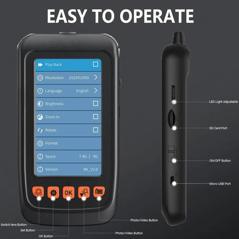 Endoscope Camera With Light And 4.3 Inch IPS Display showing menu options and side buttons for easy operation