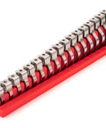 Seventeen-piece Three Eighths Inch Drive Crowfoot Wrench Set With Rack 8 to 24 mm on red tray, lean access tools, USA made