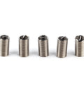 Five M10x1.25 stainless steel helical threaded inserts with locking wire sleeves for anti-loosening and repair on metal and wood.