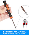 Slick Ten Piece Magnetic Torx Screwdriver Set With T2 Through T15 Security Drivers And Hollow Tips, showing a magnetic driver holding a tiny screw.