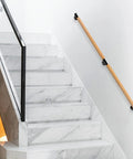 Rock Solid 80 Inch Real Wood Indoor Stairs Handrail Wall Mount Safety Rail with Heavy Duty Metal Brackets, mounted on marble stairs.