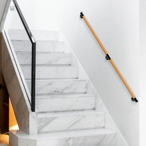 Rock Solid 80 Inch Real Wood Indoor Stairs Handrail Wall Mount Safety Rail with Heavy Duty Metal Brackets, mounted on marble stairs.