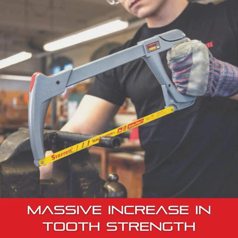 Bi Metal Safe Flex Hand Hacksaw Blade 12 Inch Long 1/2 Inch Wide 0.024 Inch Thick 24 TPI in use by worker in workshop