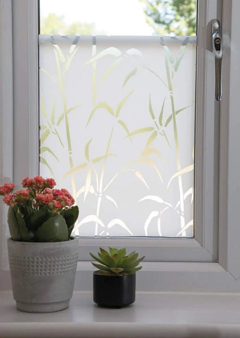Privacy Glass Window Film Bamboo Pattern 17 Inches By 59 Inches Roll Reusable Static Cling Removable Window Covering installed on window