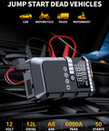 Portable Jump Starter With Air Compressor 6000A Peak 12V Jump Box on car engine, red cables, LED display visible