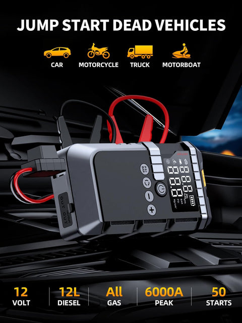 Portable Jump Starter With Air Compressor 6000A Peak 12V Jump Box on car engine, red cables, LED display visible
