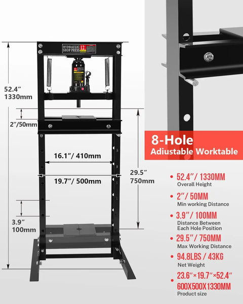 Front view of 12-Ton Hydraulic Shop Press With H-Frame Floor Standing Bearing Press for garage and metalworking heavy-duty adjustable height.