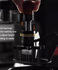 Close-up of 58mm Espresso Needle Distributor Features Nine Fine Thin Needles Adjustable Height Frame with stabilizing internal bearings.
