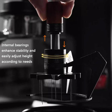 Close-up of 58mm Espresso Needle Distributor Features Nine Fine Thin Needles Adjustable Height Frame with stabilizing internal bearings.