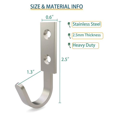 Diagram showing size and material of Beefy Heavy Duty Stainless Steel Coat Hook Wall Hanger for Indoor Outdoor Use