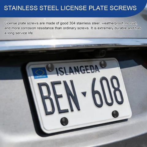 Top Shelf Heavy Duty Anti Theft License Plate Screws Kit Featuring Rust Resistant Stainless Steel Bolts and Security Fasteners for Cars Trucks mounted on rear license plate.