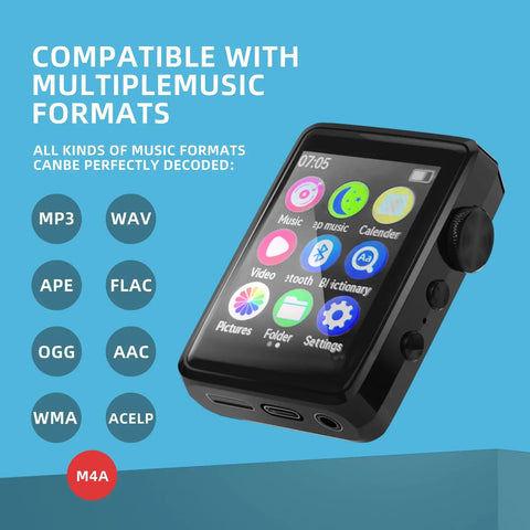 Sleep Headphones MP3 Player With Built In Hypnosis Music And ASMR showing music format compatibility on touchscreen