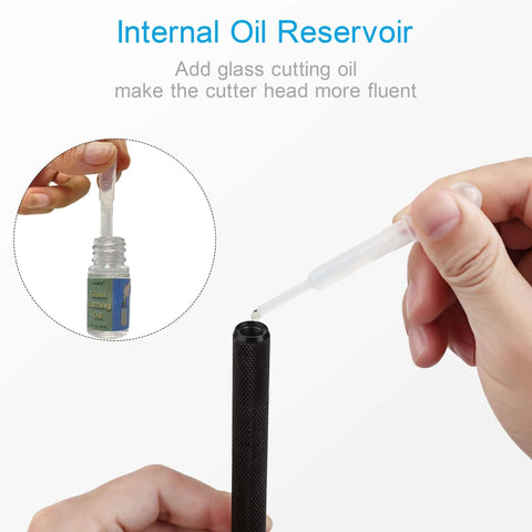 Glass cutter pencil-style with internal oil reservoir; black knurled body and clear oil-feed tube beside oil bottle.