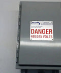 Top view of Industrial Control Panel Enclosure 8667 Used Like New Heavy Duty Steel Cabinet with danger label, 18x12x9 inches.