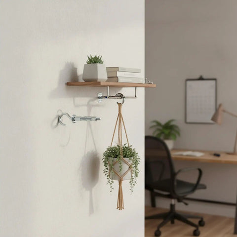 Installed hollow wall mounting kit with toggle bolts holding a wooden shelf and plant, heavy duty metal anchor set in silver, no studs required.
