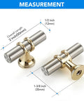 Measurements of brushed nickel and brushed brass cabinet knobs and handles, single hole modern T bar drawer pulls.