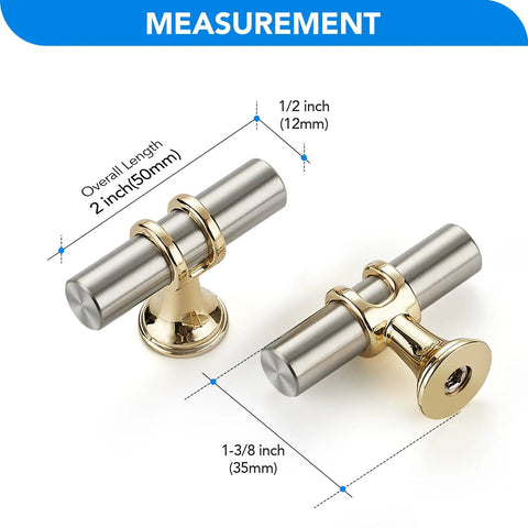 Measurements of brushed nickel and brushed brass cabinet knobs and handles, single hole modern T bar drawer pulls.