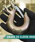 Four Pack 3/8 Inch Grade 70 Forged Clevis Slip Hooks With Safety Latch 21600 Lbs Break Strength, held in hand.