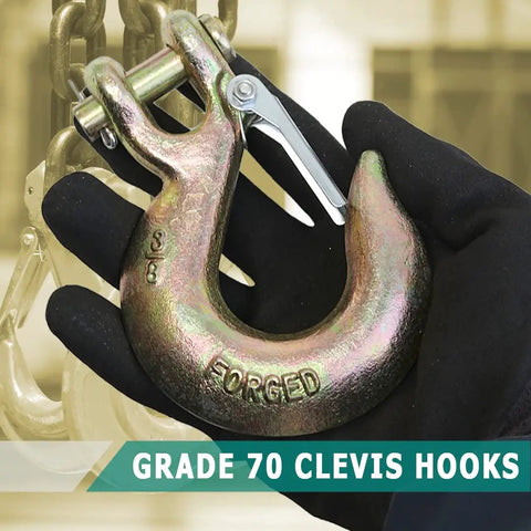 Four Pack 3/8 Inch Grade 70 Forged Clevis Slip Hooks With Safety Latch 21600 Lbs Break Strength, held in hand.