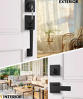 Front Door Handle And Deadbolt Set In Black With Reversible Lever For A Modern Look And Secure Entry, Single Cylinder Lock