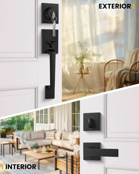 Front Door Handle And Deadbolt Set In Black With Reversible Lever For A Modern Look And Secure Entry, Single Cylinder Lock