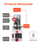 Heavy Duty Single Acting Hydraulic Power Unit Pump With 4 Qt Oil Reservoir And DC 12 Volt Motor Generating 3200 Psi Max Pressure Plus 0.91 Gpm Flow Rate For Dump Trailers Oil hose and wiring guide with parts labeled.