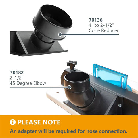 Image showing Router Table Dust Port 2.5 Inch ID And 6.5 Inch Dust Collection Adapter installed with hose connections and elbows.