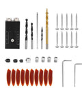 Pocket Hole Jig Kit With Dual Guides And Oblique Drilling Locator, shown with drills, screws, and accessories on white background