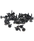 Size Six Pro Grade Drywall Screws Five Eighth Inch Flat Head Phillips Fine Thread Sharp Point For Wood And Drywall Carbon Steel 1022A Black Phosphate Finish 100 Pack scattered on a white surface.