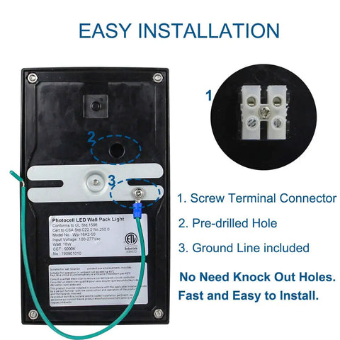 Back view of 18W LED Outdoor Wall Pack Light With Dusk To Dawn Sensor, 2160 Lumens, 5000K Daylight, with installation instructions