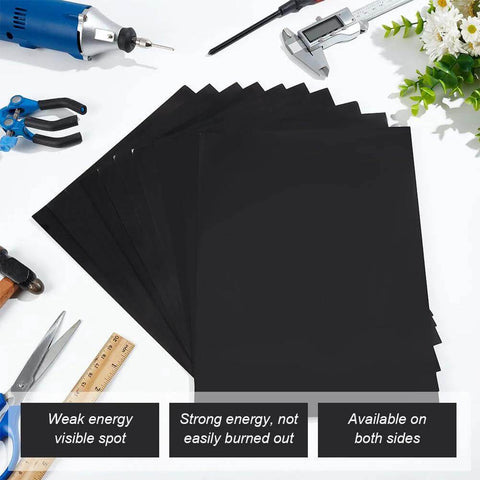 Top-down view of BENECREAT black laser engraving testing paper sheets, A4 11x8.3 in, 10 sheets, double-sided