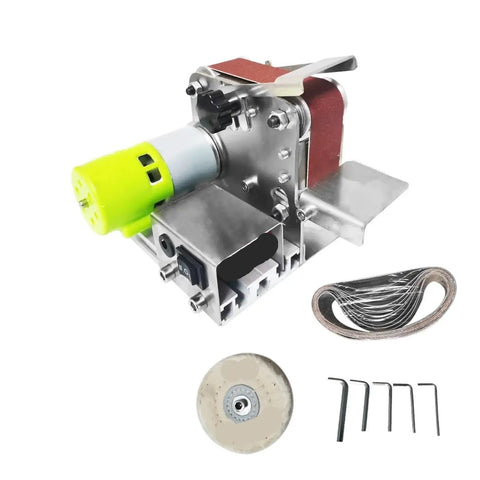 Ultra Compact Mini Electric Belt Sander With 4 Axis Variable Speed handheld power tool with motor, sanding belt, and accessories