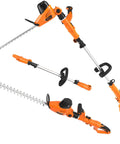 Beefy 2 In 1 Electric Pole Hedge Trimmer With Telescoping Reach, Dual-Action 20 Inch Laser Cut Blades, extended and folded views