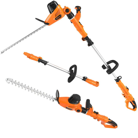 Beefy 2 In 1 Electric Pole Hedge Trimmer With Telescoping Reach, Dual-Action 20 Inch Laser Cut Blades, extended and folded views