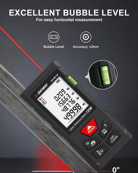 Laser Measuring Tool With 393 Feet Range, Bubble Levels, Plus Or Minus One Sixteenth Inch Accuracy, Easy Units Switch And Two Reference Modes, Dope For Windows, Doors, Cabinets, And DIY Projects On Any Jobsite. black handheld laser distance meter with bubble level