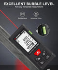 Ace Your Dims With 229 Ft Laser Distance Meter That Has A Built In Bubble Level And Nails Accuracy At Plus Or Minus One Sixteenth Inch To Help You Skip Return Trips While Measuring Windows Doors And Cabinets For Your Next Big DIY Win - Close-up view of display and bubble level.